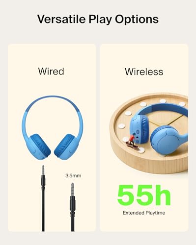 Belkin SoundForm Mini 2 Bluetooth Kids Headphones, On Ear, 55H Battery Life | Toddler headphones with Case, 85dB Volume Limit, Built-in Mic, Wired Connection Option, iPad, Android Tablet, School, Travel - color: Blue