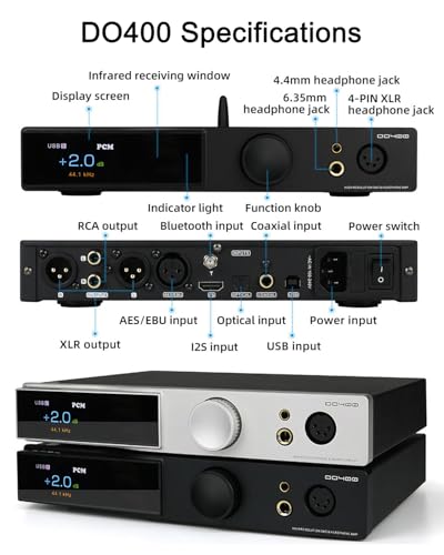 SMSL DO400 HiFi DAC & Headphone Amplifier-ES9039MSPRO Chip | MQA/CD Decoder BT 5.1 (LDAC/AptX HD), XMOS XU316, 768kHz/DSD512, 4.4mm/XLR/6.35mm Outputs USB/AES/Opt/Coax/I²S Input(Black) - color: Black