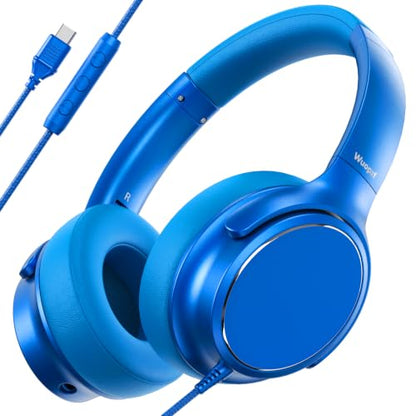 USB C Wired Over-Ear Headphones with Microphone | Volume Control, Share Port, Adjustable Headband Foldable Stereo Headset for Adult/Teens for iPhone 16, Laptop, Gaming, Travel - color: Sky Blue