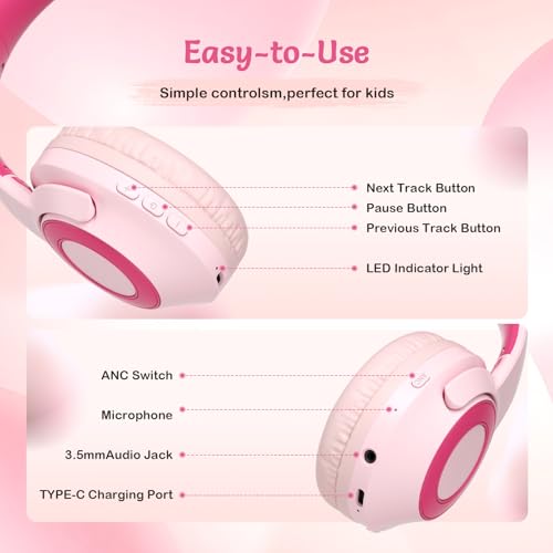 TONOSHARK Kids Bluetooth Headphones with ANC, Wireless Over-Ear Headset | for Boys and Girls, Foldable & Adjustable, Ideal for School, Travel and Online Learning(Light pink) - color: Pink