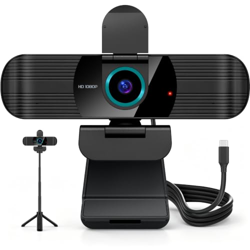 Pro HD 1080p/30fps Webcam with Tripod, External USB-C Camera for PC/Laptop | Dual noise-cancelling mics | Auto-focus | Wide-angle | Low-light correction | 360° rotation | CMOS sensor | Plug and Play - style: 1080p | 30fps | USB-C Cable | Tripod Included