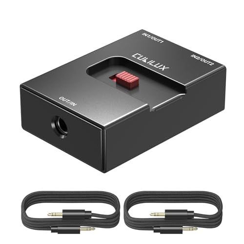 3.5mm Audio Selector, Bidirectional 2-In-1-Out or 1-In-2-Out 1/8-in TRS Headphone Switcher, Ultra-Compact Aluminum Case Passive Toggle A/B AUX Switch Box for PC