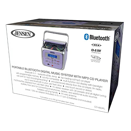 Jensen® CD-660 Portable Retro Boom Box CD Player Bluetooth Digital Home Music System with MP3, USB/AUX Input, FM Radio, Stereo Speakers - Purple Limited Edition