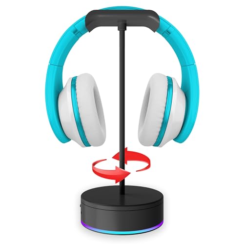 Rotating Headphone Display Stand for Desk with LED Lights - Spinning Gaming Headset Stand (Black)