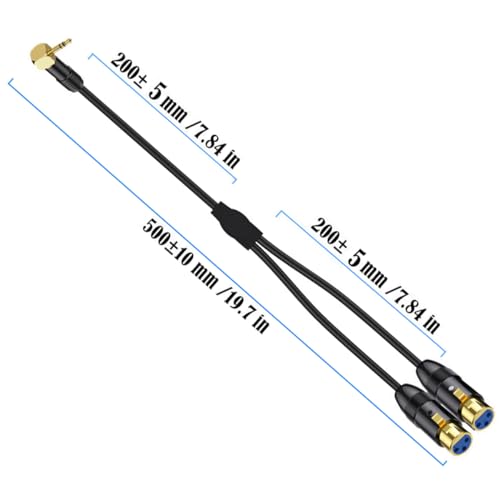 90Deg 3.5mm Mini Jack Stereo Male to 2 XLR Female Microphone Connector 0.5m | Right Angle XLR to 3.5mm Y Splitter Cable, 1/8 inch TRS to Dual XLR Female Cord for Laptop, Camera, Sound, DV - size: 50 cm