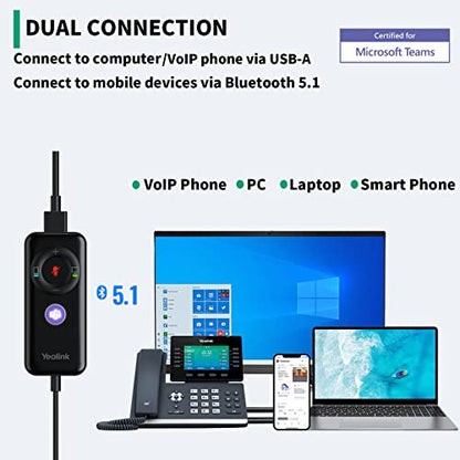 Yealink UH38 USB-A Wired & Bluetooth Headset,Teams Certified,Inline Control | Computer Stereo Headphones, Noise Cancelling Microphone,PC/Laptop/Mac/Tablet/Cell Phone, Call Center, Office, Busylight - style: USB Bluetooth Headset