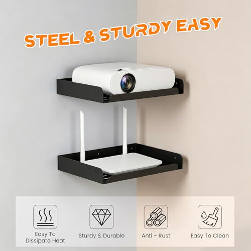 Metal Floating Shelf, 12" x 8" Wall Mounted Shelf Bracket | Storage Rack for Router, Game Console, TV Components, DVD Player, Cable Box