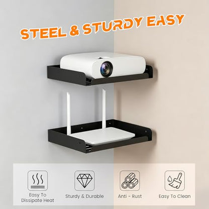 Metal Floating Shelf, 12" x 8" Wall Mounted Shelf Bracket | Storage Rack for Router, Game Console, TV Components, DVD Player, Cable Box