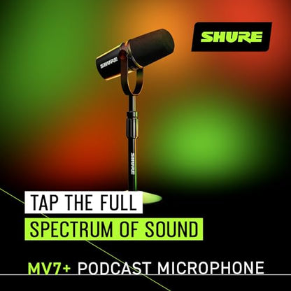 Shure MV7+ USB-C & XLR Podcast Dynamic Mic with Stand - Black | OBS-certified USB-C and XLR dynamic mic with stand, LED touch panel, auto level and pop filter for podcasting