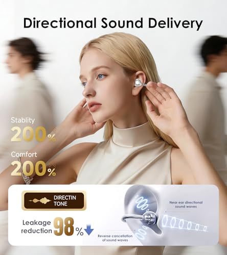 King Lucky Open-Ear Clip-On Earbuds for Running, Bluetooth 6.0 Wireless Headphones with Memory Spring, Secure Fit for Small Ears & Glasses Wearers, 45H Playtime, ENC Mic, IPX5 Waterproof (White) - color: White