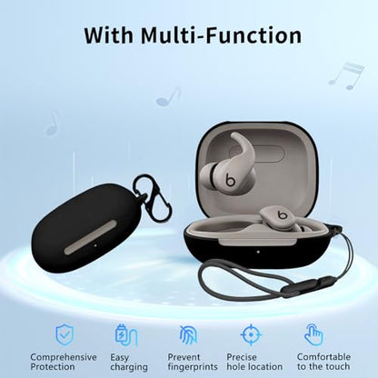 for Beats Powerbeats Fit Case Cover,NOUKAJU Earphone Protective Cover(with Carabiner + Lanyard + Cleaning Pen) Drop-Proof,Scratch-Proof,Shock-Proof,Case for Beats Powerbeats Fit(Black)