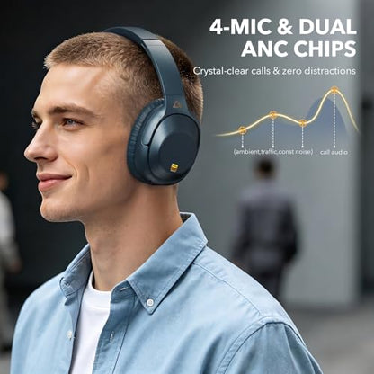 Bluetooth 6.0 Active Noise Cancelling Headphones for Airplane Travel, LDAC Hi-Res Audio, 90H Playtime Wired and Wireless ANC Headphones, Over Ear Headset for Home Office, Custom EQ via APP, Blue | LDAC Hi-Res Audio, 90H Playtime Wired and Wireless ANC Hea
