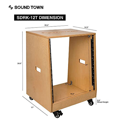 Sound Town DIY Solid Baltic Birch Plywood Slanted 12U Studio Rack, Golden Oak, Rubber Feet, Casters (SDRK-12T) - size: 12U,Golden Oak