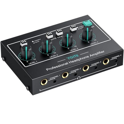 4 Channel Headphone Amplifier,Stereo Audio Amplifier Mixer with 3 Audio Inputs, Individual Mute & Volume Control, Mono/Stereo 1/4" & 1/8" TRS Output, Includes Power Adapter & Audio Cables - color: Black