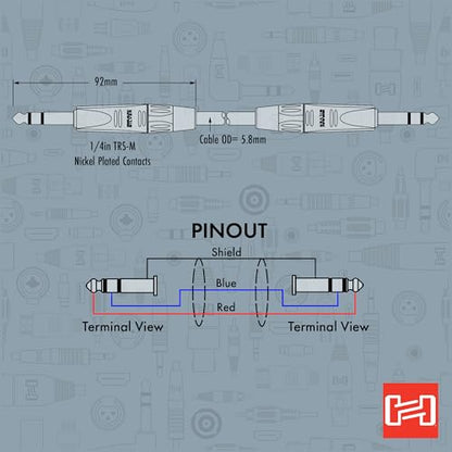 Hosa HSS-010 Pro Balanced Interconnect, REAN 1/4 Inch TRS to Same, 10 Feet