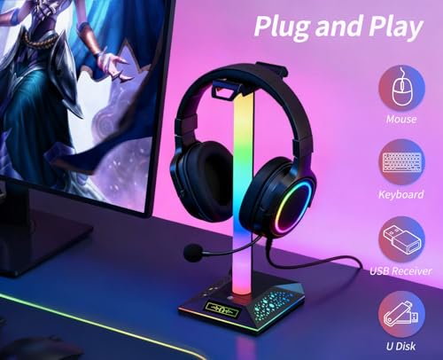 RGB Gaming Headset Stand, LED Headset Holder with 10 Lighting Modes, Headphone Stand Cool Stuff for Boys, Desk PC Gaming Accessories Gifts for Gamers Men Adult, Medium - color: White Black