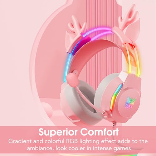 Gaming Headset with Microphone, Deer Ears Headphones for PC Laptop PS4 PS5 Xbox Switch, Rainbow RGB Lighting & Virtual Surround Sound, 3.5mm Over Ear Headphones, Ergonomic - color: Pink Deer Ear