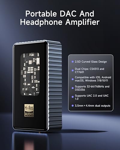 Headphone Amplifier, Portable Hi-Res Audio Amp with 4.4mm & 3.5mm Outputs, PCM 768kHz/DSD256 Support, Volume Control for Android, iOS, Mac & Windows