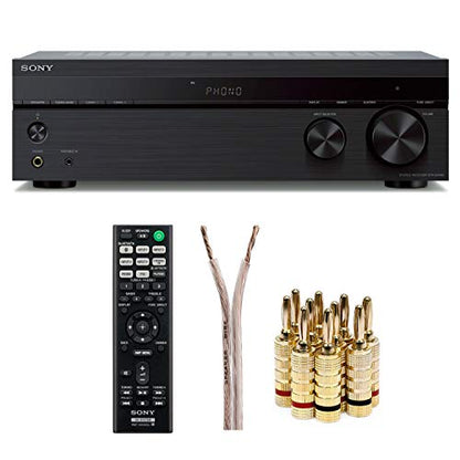 Sony STRDH190 2-ch Stereo Receiver Bundle | 100ft of Speaker Wire and 5 Pairs of Banana Plugs, Phono Inputs and Bluetooth, (3 items)