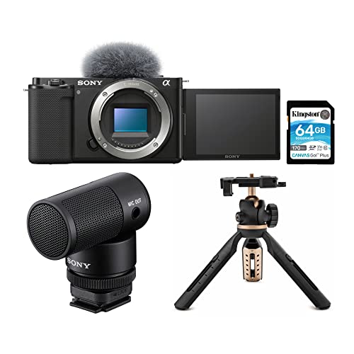 Sony Alpha ZV-E10 APS-C Interchangeable Lens Mirrorless (Body Only, Black) | Shotgun Microphone, Memory Card, Extendable Tripod with Built-in Phone Mount, Vlog Camera, (4 items)