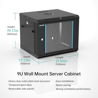 MT-VIKI 9U Wall Mount Server Cabinet Network Rack Vented Enclosure, 0.8mm Thick, 17.7'' Deep (450mm), for 19'' IT Equipment, Included 1pcs Rack Shelf - size: 9U