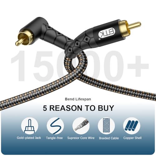 EMK 90 Degree RCA Subwoofer Cable 24K Gold-Plated Connector Nylon Braided Double Shielded – Support Digital & Analog Signals for Amplifier, Home Theater, Hi-Fi System,Subwoofer Black/6.6ft/2m - size: 6.6ft/2m, style: Black*90°RCA to RCA