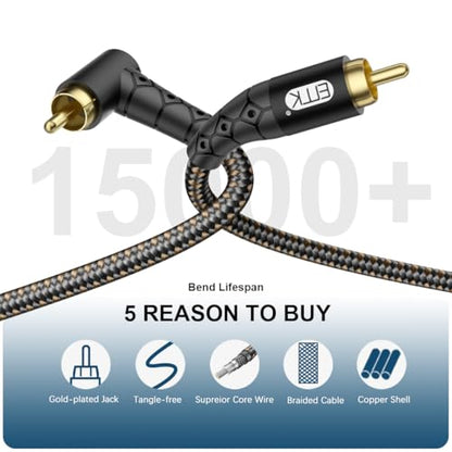 EMK 90 Degree RCA Subwoofer Cable 24K Gold-Plated Connector Nylon Braided Double Shielded – Support Digital & Analog Signals for Amplifier, Home Theater, Hi-Fi System,Subwoofer Black/15ft/5m - size: 15ft/5m, style: Black*90°RCA to RCA