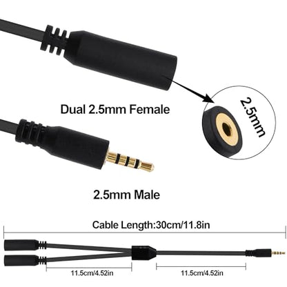 2.5mm TRRS Splitter Audio Y Cable Adapter 30cm | 2.5mm Stereo 1 Male to 2 Female,Headphone Micphone Extension Cord,2pcs
