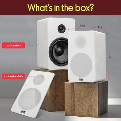 Pyle 6.5” Bookshelf Speakers - Pair of Wired Bookshelf Speakers with Wall Mount Brackets, 2-Way HiFi Home Theater with Fiberglass Cone, Soft Dome Tweeter, Compact Design, 11.7” x 7” x 6.5”, White - color: White