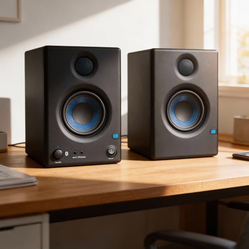 PreSonus Eris E3.5 BT Bluetooth Studio Monitor Pair Bundle with Monitor Stand, Isolation Pads, XLR Cables, TRS Cables, and Austin Bazaar Polishing Cloth - size: Bundle w/ Stand, style: E3.5 BT