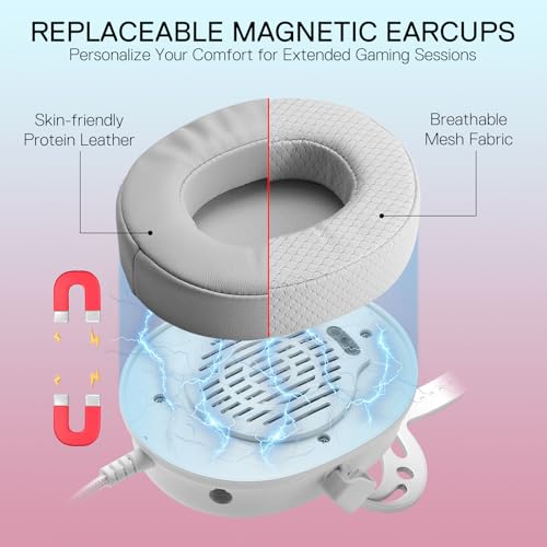 Redragon H730 USB Wired Gaming Headset - 53mm Drivers, 360° Spatial Sound, Detachable Noise-Canceling Microphone, Magnetic Replaceable Ear Cushions, Over-Ear Headphones Works for PC/PS4, White - color: White