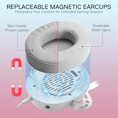 Redragon H730 USB Wired Gaming Headset - 53mm Drivers, 360° Spatial Sound, Detachable Noise-Canceling Microphone, Magnetic Replaceable Ear Cushions, Over-Ear Headphones Works for PC/PS4, White - color: White