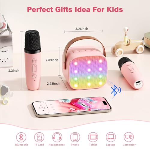 Mini Karaoke Machine with 2 Wireless Microphones, 2026 TOP Kids Portable Bluetooth Karaoke Machine for 3, 4, 5, 6, 7, 8, 9,10,11,12+Year Old, Christmas Birthday Gifts for Girls Boys Adults Home Party - color: Pink