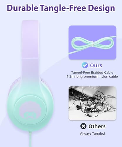 rockpapa 3.5mm Wired Headphones for Kids with Microphone, 85/94dB Limiter - color: Purple Teal