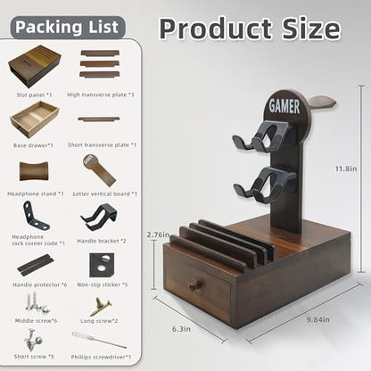 Gamer Controller Holder Headphone Stand with Storage Drawer for Gaming Equipment,Wood Gamer Gifts for Teenage Boy,Headpset Stand Gaming Desk Accessories for Fathers Day Men,Son,Husband
