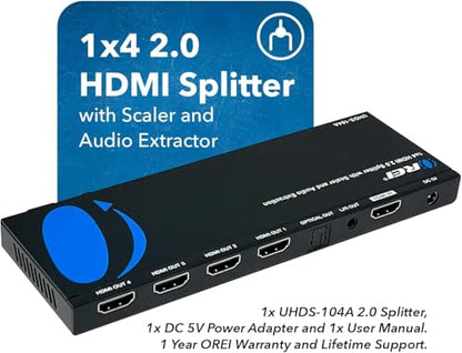 OREI 1x4 2.0 HDMI Splitter with Scaler Audio Extractor 4 Ports with Full Ultra HDCP 2.4K at 60Hz & 3D Supports EDID Control - UHDS-104A | Supports audio de-embedding from HDMI signal source to optical and analog audio output ports. Supports analog audio P