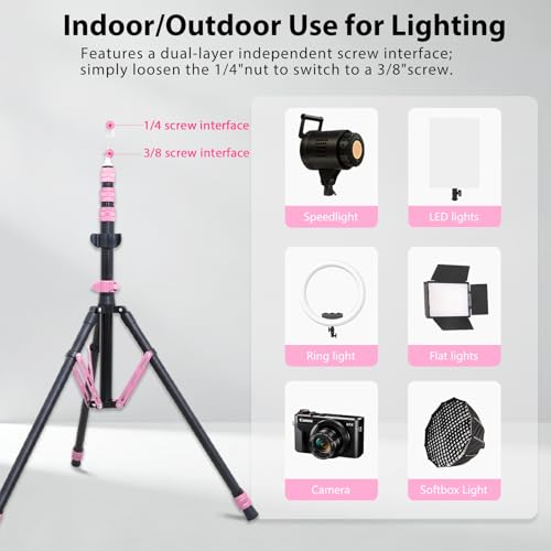 Photography Light Stand, 6.5ft Adjustable Reverse Folding Tripod Stand | Portable Aluminum Light Stand with Carrying Bag & Sandbag, for Softbox, Speedlite, Flash, LED Lights and Camera, Pink - color: Pink