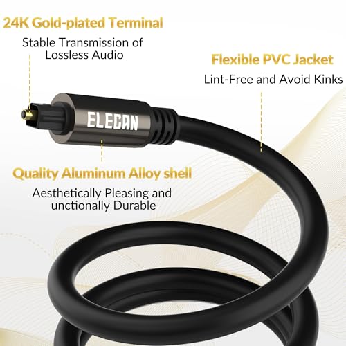 Elecan Optical Audio Cable 10 Ft/2 Pack Digital Audio Toslink Cable Cord-Fiber Optic-Gold Plated-Flexiable&Durable-for Home Theater,Sound Bar,PS4& Xbox-with Right Angled+Mini Toslink Adapters+Ties - size: 10FT-2PK