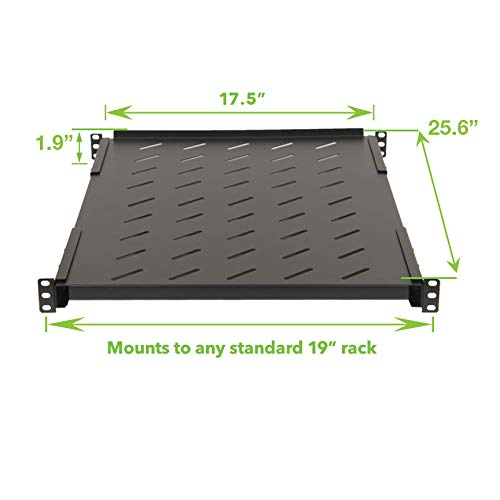 Vented 4-Post Shelf, Adjustable, Black, 650 mm Depth, 1U, 242 lbs, Cold Rolled Steel, CE Compliant - size: 26" Deep