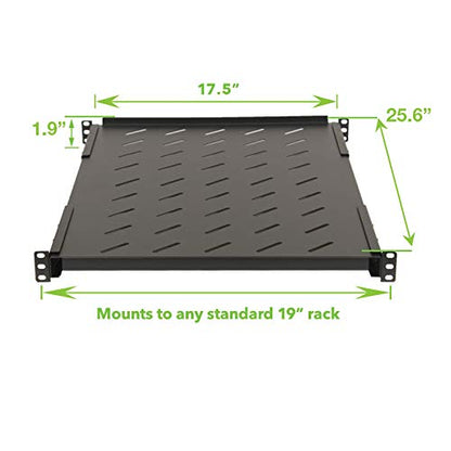 Vented 4-Post Shelf, Adjustable, Black, 650 mm Depth, 1U, 242 lbs, Cold Rolled Steel, CE Compliant - size: 26" Deep