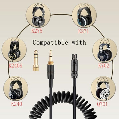 K702 Cable Coiled Aux Cord Compatible with AKG Q701 K712 K240S K240MKII K141 K171 K181 K271 K271S K241 K175 K275 Headphone Audio Cable Wire with 6.35mm Adapter