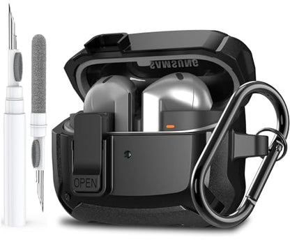 Galaxy Buds 3 Pro/3/3 FE Case Cover with Secure Lock Clip, Shockproof Samsung Galaxy Buds3/3 Pro 2024/3 FE 2025 Protective Hard Cover Shell with Carabiner&Cleaner kit for Men Women, Black - color: Black