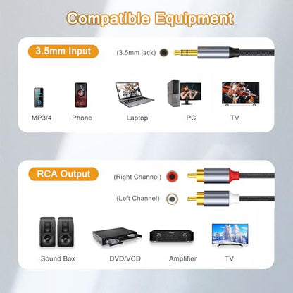 RCA to 3.5mm Aux Cable Braided, 4FT RCA to Aux Headphone Cable for Speaker, Subwoofer, Stereo Audio Cord