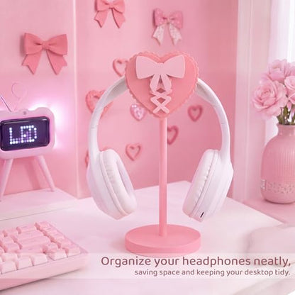 Kingdder Pink Heart Bow Headphone Stand Cute Wood Headphone Stand Holder | Decorative Desk Accessory for Gamer Room Office, Adorable Headphone Organizer, Gift for Young Women Teacher Girlfriend - style: Heart Bow