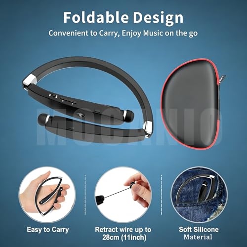 Bluetooth Neckband Headphones, Wireless Foldable Earbuds with Retractable Earbud Cords, 18H Talk Time Stereo Sound, Sweatproof Lightweight in-Ear Earphones for Running, Gym, Travel