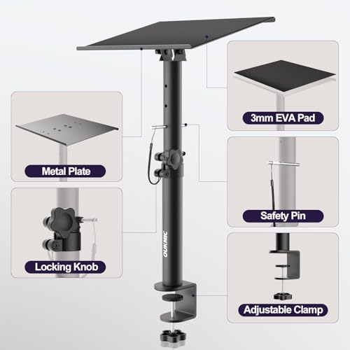 Clamp On Desktop Studio Monitor Speaker Stands Pair | Tilt & Height Adjustable, Heavy Duty, Universal Fit, for Music Booth, Subwoofer, Surround Sound, Bookshelf & Laptop