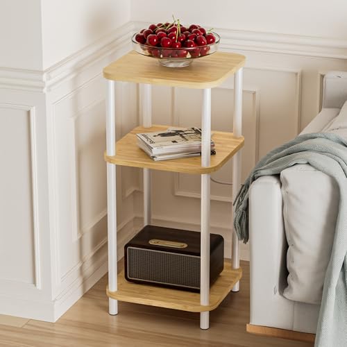 Bamboo End Table with Charging Station, Side Table for Small Space, Small Table Stand, Narrow Wooden Bedside Table Nightstand with Shelves, for Nursery, Living Room, Bedroom, Natural and White - color: Natural and White