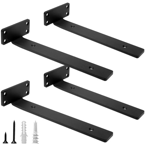 HITOMEN Heavy Duty Floating Shelf Brackets, 10-Inch (1/5'' Thick) Hidden Shelves Hardware, Iron L Brackets, Rustic Industrial Black Metal Wall Shelving Supports, 4 Pack - size: 10 Inch, style: 4 Pack