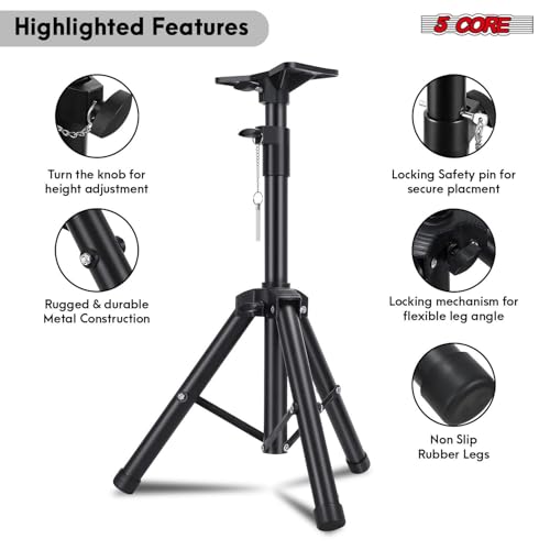 5 Core Speaker Stand Pair Universal Mount Steel Construction 132 Lb Capacity Stable Tripod w/Adjustable Height 36” w 35mm Compatible Insert Metal Safety Pin Included Bag - color: BLACK