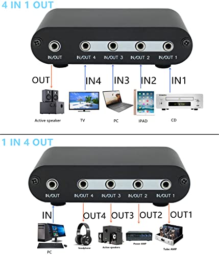 4-Way 3.5mm Stereo Audio Switch input Signal Source Switcher Selector Splitter Box with line volume controller (4 in 1 out / 1 in 4 out) -MC41 - color: 4-port 3.5mm Switch with volume